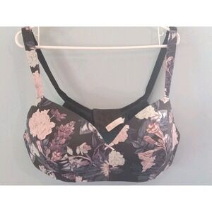 Lane Bryant Cacique Womens 42DD black floral lightly lined t shirt no wire bra